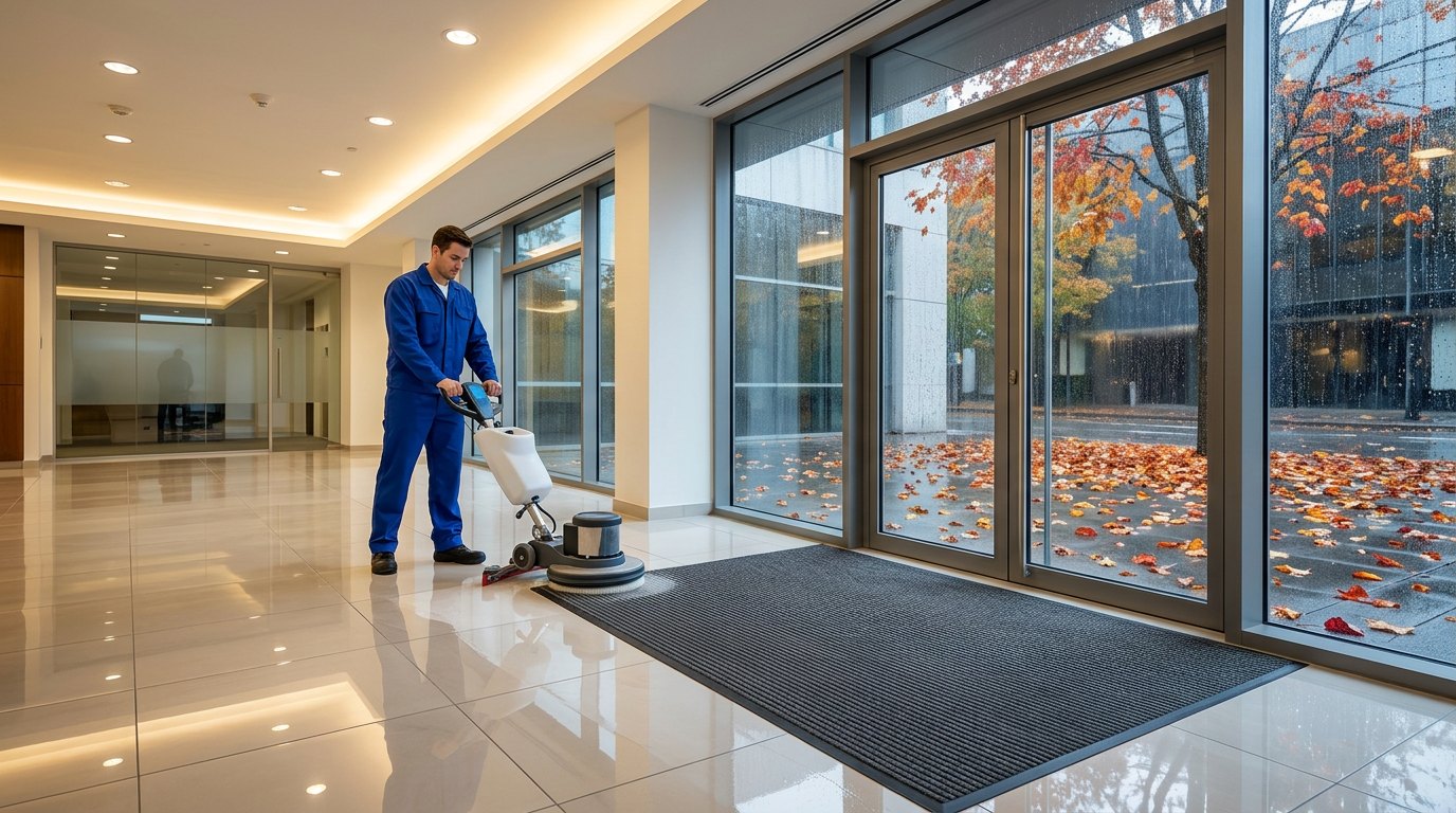 Commercial cleaning technician scrubbing an office lobby floor on a rainy fall day