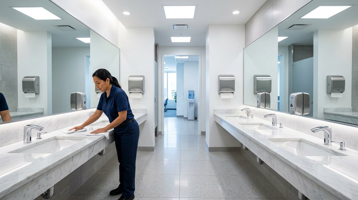 Professional cleaner wiping down sinks in a spotless commercial restroom