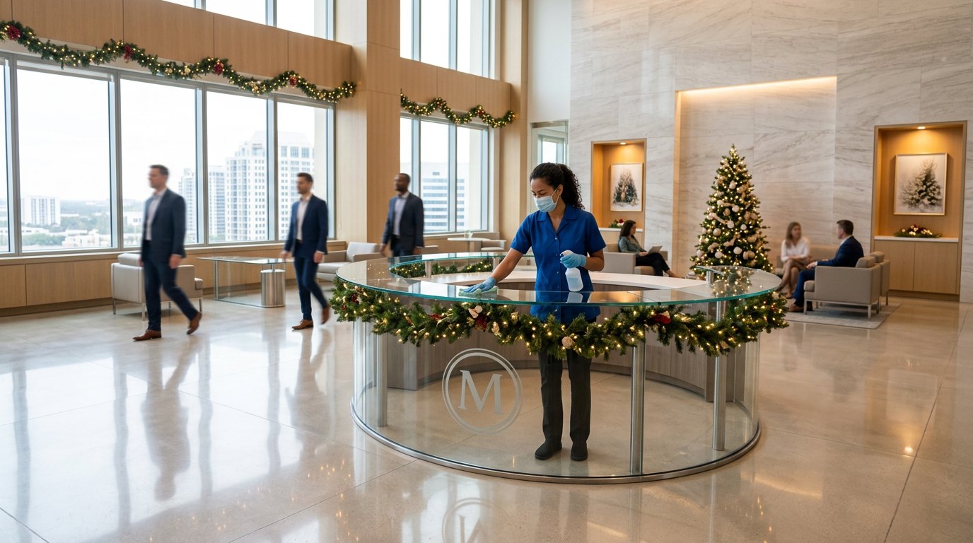 Professional cleaner polishing a holiday-decorated office reception desk