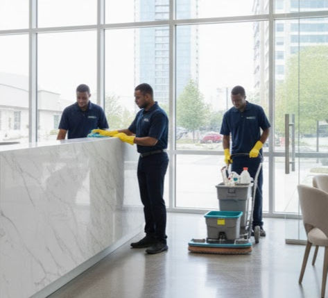 Three uniformed cleaners meticulously clean a bright, modern office lobby.