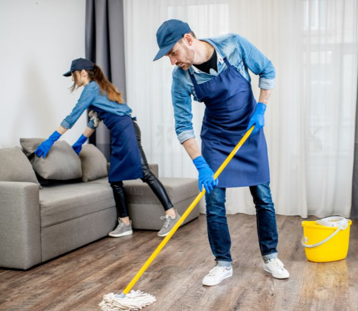 Professional cleaners mopping floor and cleaning sofa in living room.