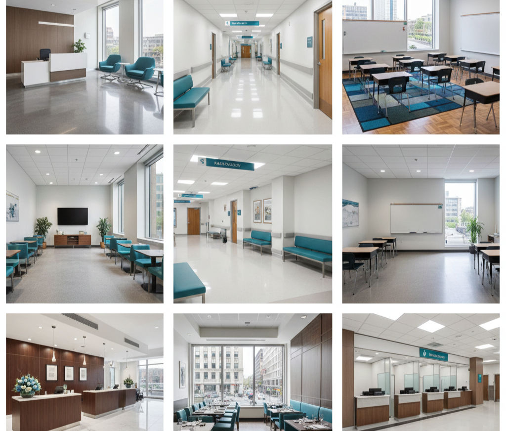 Modern hospital interiors: reception, waiting rooms, hallways, and medical training classrooms.