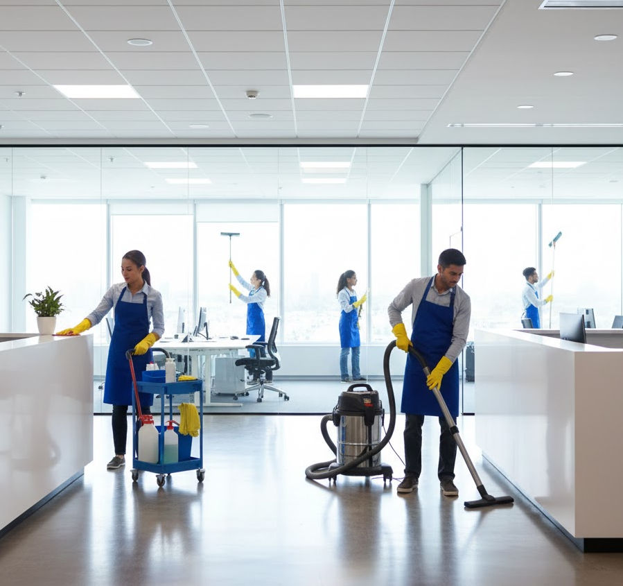 Professional janitorial services team cleaning a modern office.