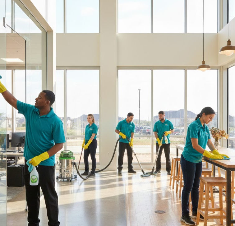 Professional cleaning crew wiping and vacuuming a large, sunny office.