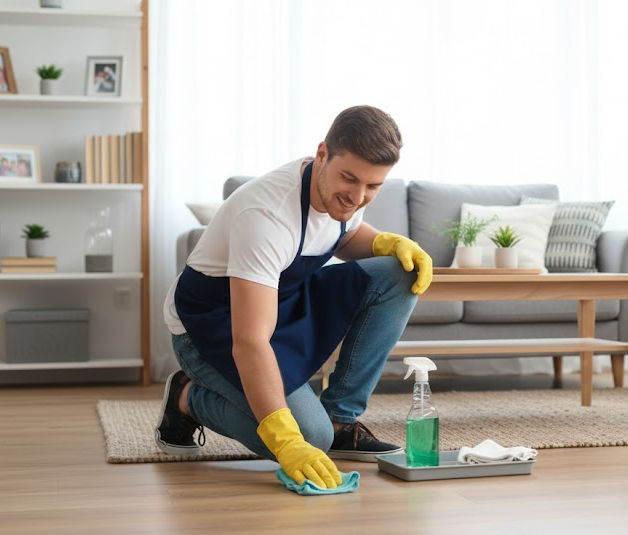 Smiling man kneeling, cleaning living room floor with spray bottle. Residential Cleaning.