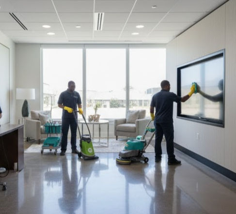 Two cleaners vacuuming and wiping a screen in a modern office.
