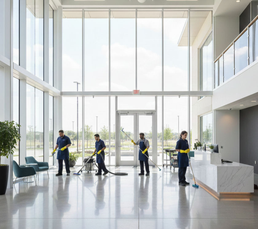 Four cleaning staff working in a modern, spacious office lobby.