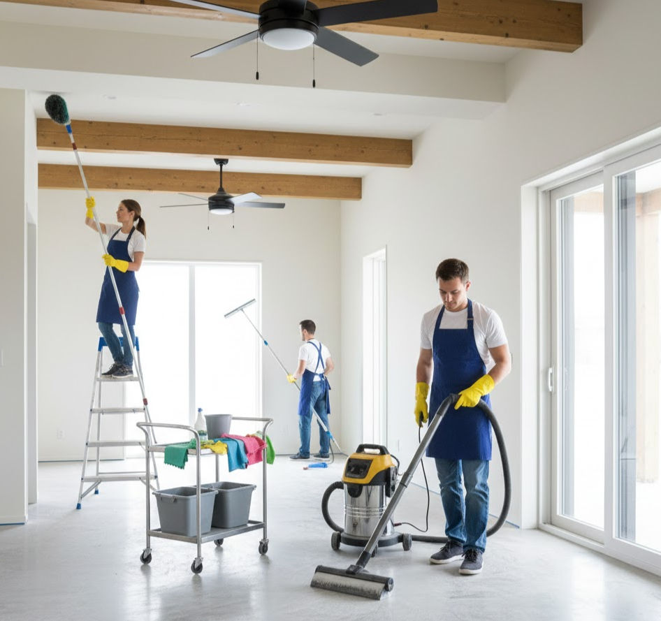 Cleaning team vacuums, wipes, and tidies a newly constructed empty room.