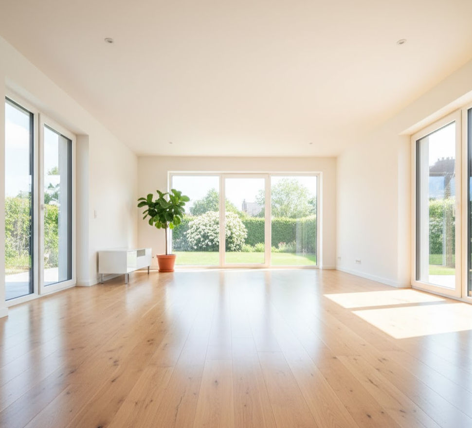 Empty room, natural light, hardwood floor, large windows, green garden view.