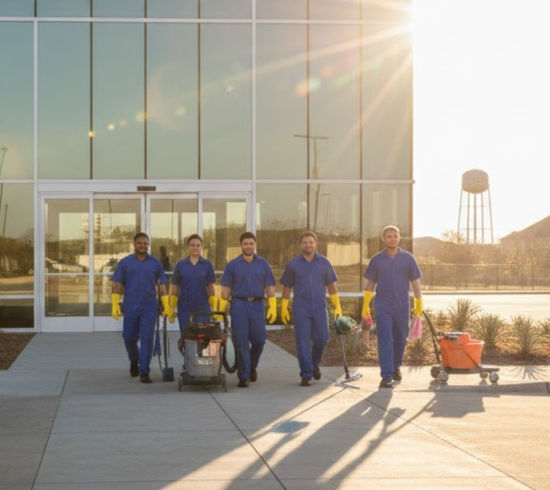 Five cleaners in blue uniforms exit glass building carrying equipment, sunny day.