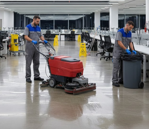 Two cleaners cleaning a modern office, one operating a floor scrubber.