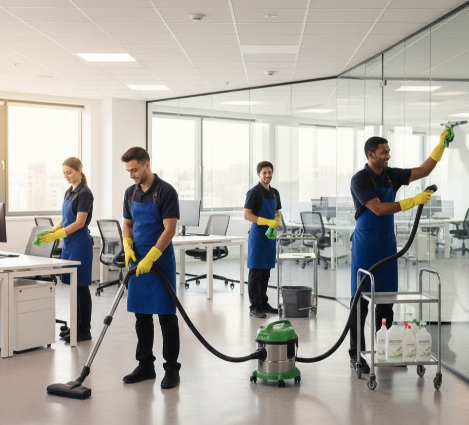 Four commercial cleaners disinfecting and vacuuming a bright, modern office space.