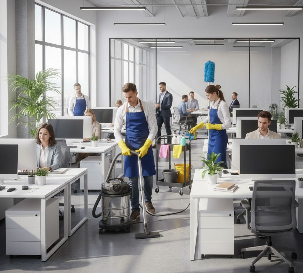 Office cleaners vacuuming and tidying work areas in a bright open office.