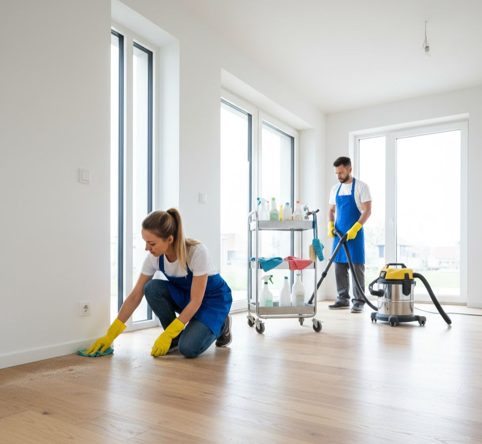 Two cleaners meticulously wipe and vacuum empty, bright room with wooden floor.