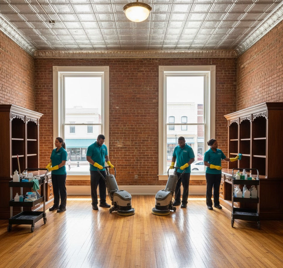 Commercial cleaners with buffers and carts actively cleaning a large wooden floor.